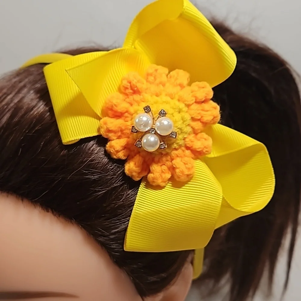 Hand Crafted yellow bow hairband hand crochet flower faux pearls beads floral